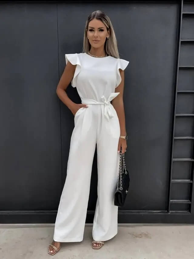 Damen Jumpsuit mit eckigem Ausschnitt Spitzendetails und ausgestelltem Bein | Langarm