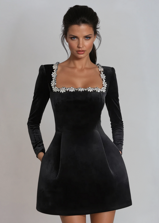 Rochie damă cu mâneci lungi și decolteu pătrat pentru petrecere | Mini