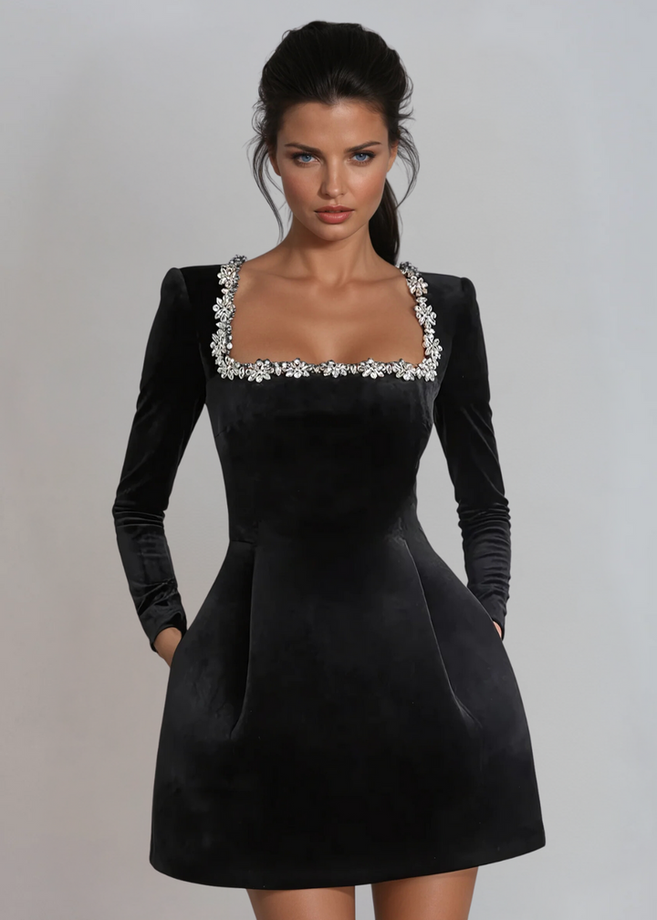 Damen Kleid Langarm Eckiger Ausschnitt Party Kleid | Mini