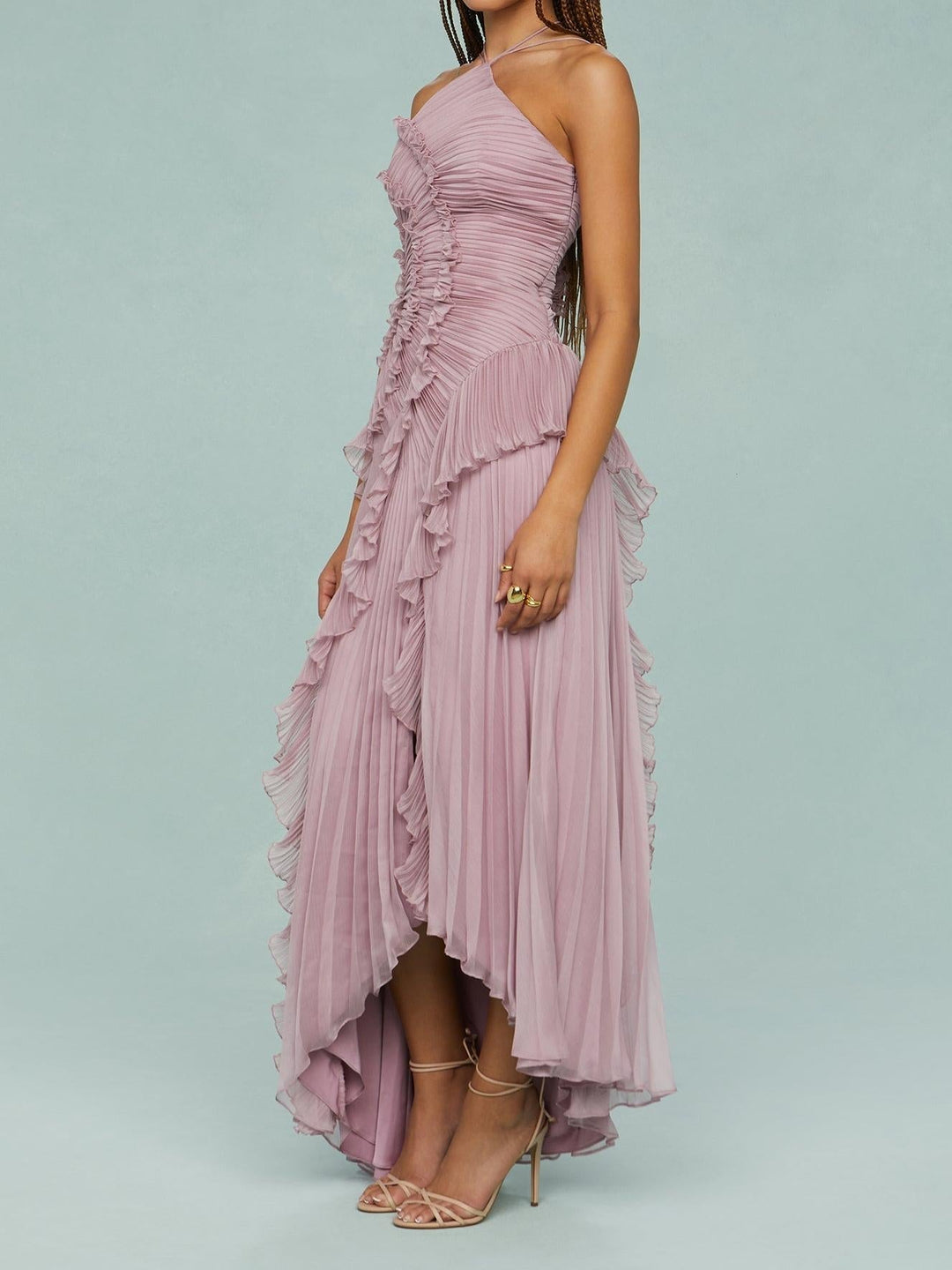 Damen Halterneck Maxikleid mit Falten Rüschen asymmetrischem Schnitt | Maxi