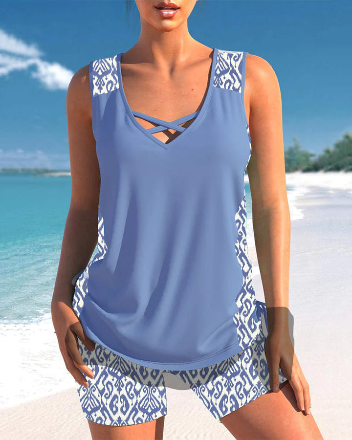 Women's Tankini Set Sleeveless Cross Detail Neckline Shorts Set | Sport
