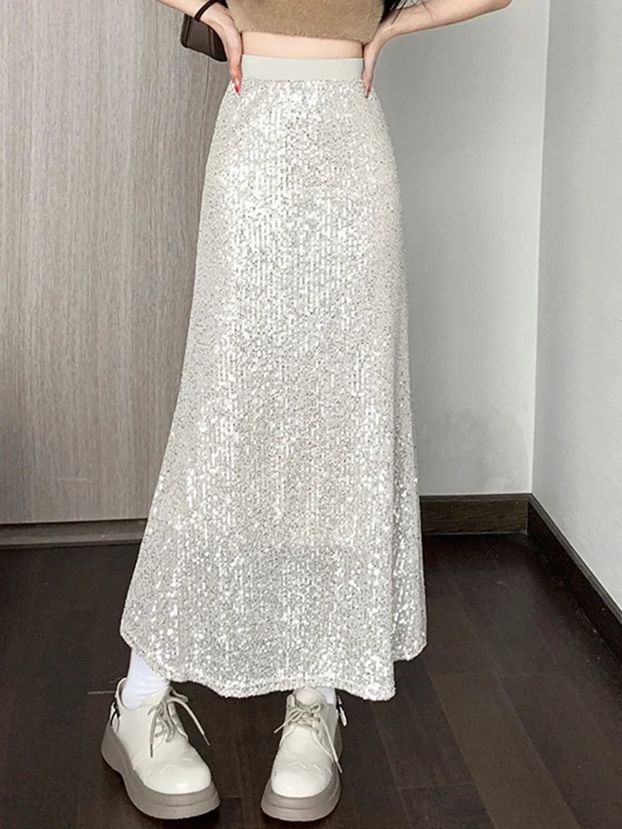 Damen Hohe Taille Maxi Rock | Pailletten Design