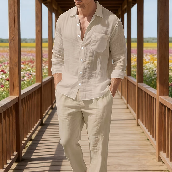Herren Zweiteiler | Langarmhemd mit Kordelzughose | Bequeme Passform | Resort-Look