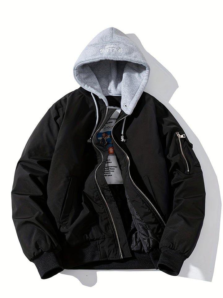 Men's Bomber Jacket with Hood | Comfortable Fit with Zipper | Layered Hood Design | Streetwear Casual Look