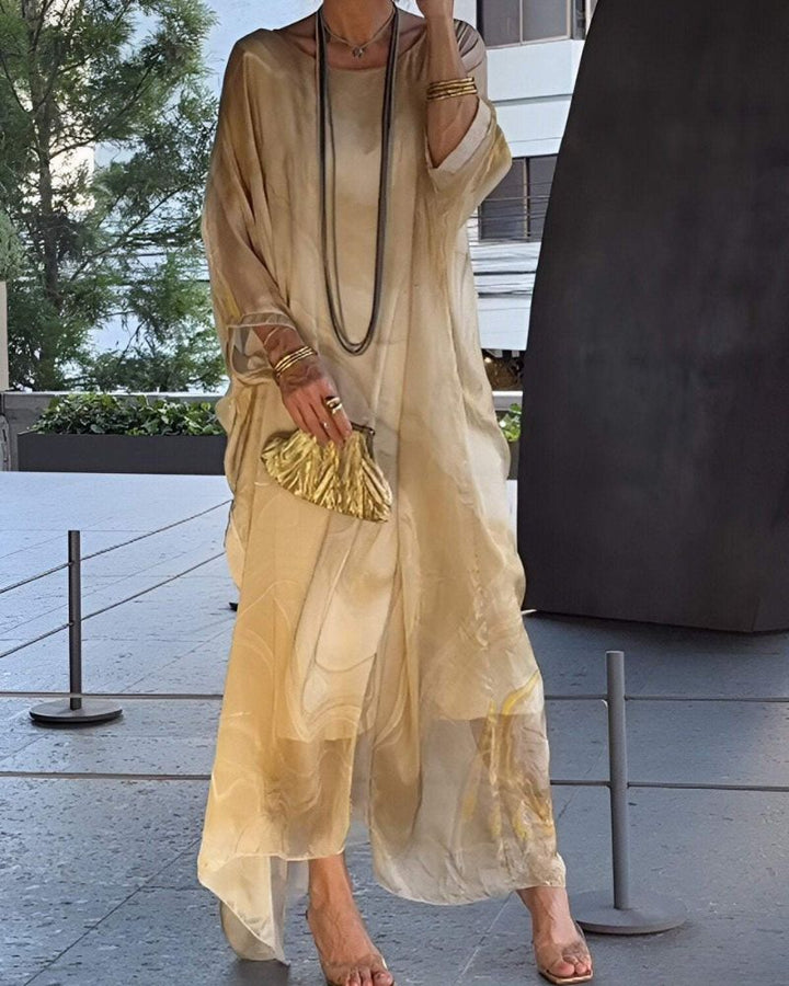 Damen Maxikleid | Lockere Passform | V-Ausschnitt mit Langen Ärmeln | Boho Sommerlook