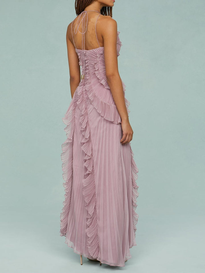 Damen Halterneck Maxikleid mit Falten Rüschen asymmetrischem Schnitt | Maxi