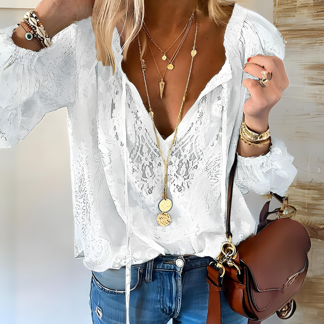 Damen Bluse | Lockere Passform | Bluse mit Spitzenoptik | Boho Freizeitlook