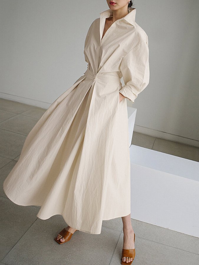 Damen Maxi-Hemdblusenkleid | Knopfleiste und Bindegürtel | Zeitlos Eleganter Stil