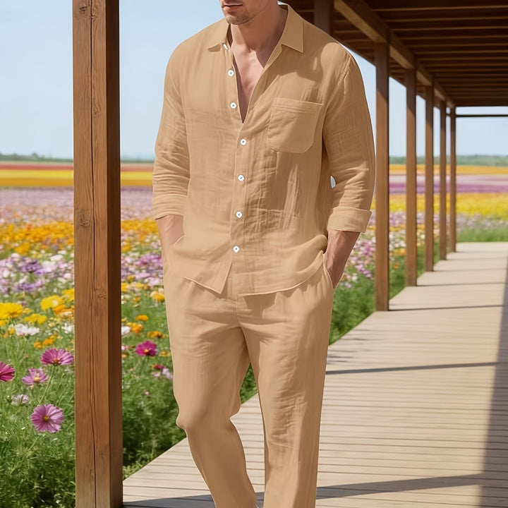 Herren Zweiteiler | Langarmhemd mit Kordelzughose | Bequeme Passform | Resort-Look