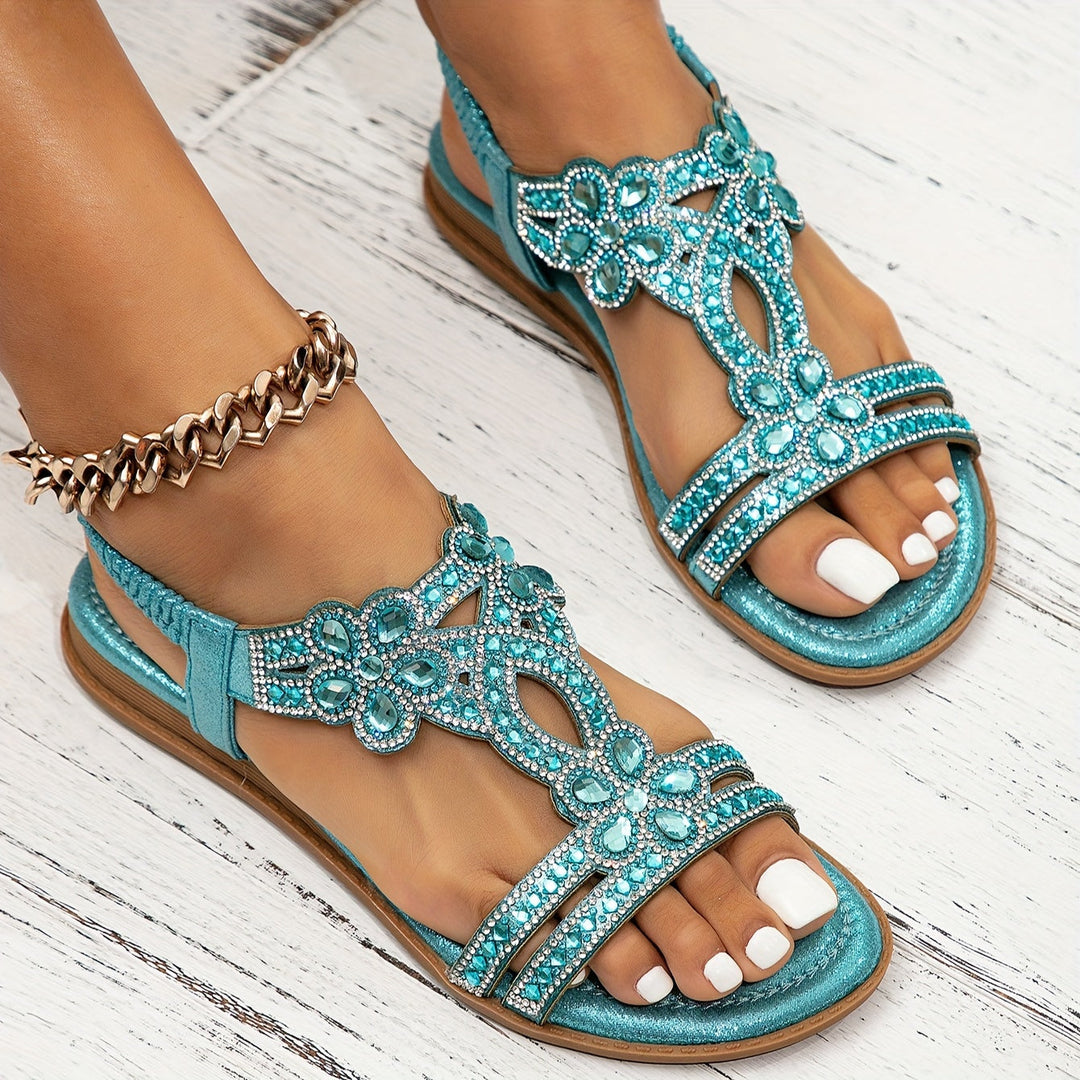 Damen Sandalen Strass Blumenriemen Offene Zehen Flache Sandalen | Fersenriemen