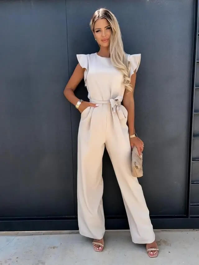 Damen Jumpsuit mit eckigem Ausschnitt Spitzendetails und ausgestelltem Bein | Langarm