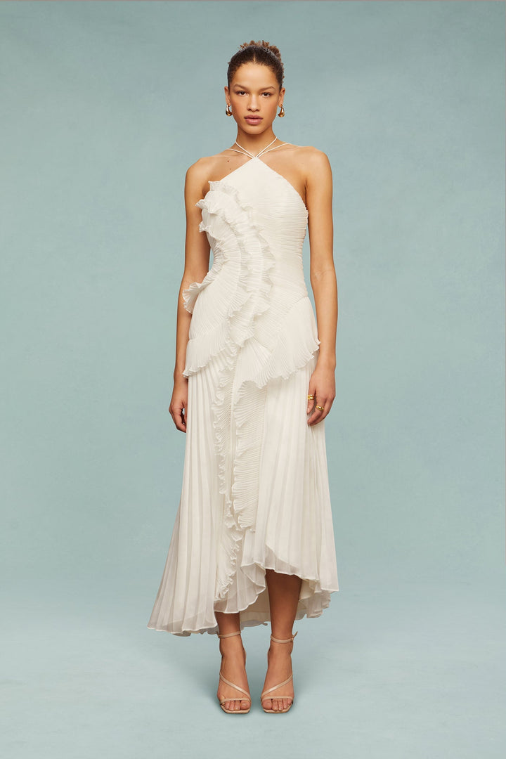 Damen Halterneck Maxikleid mit Falten Rüschen asymmetrischem Schnitt | Maxi
