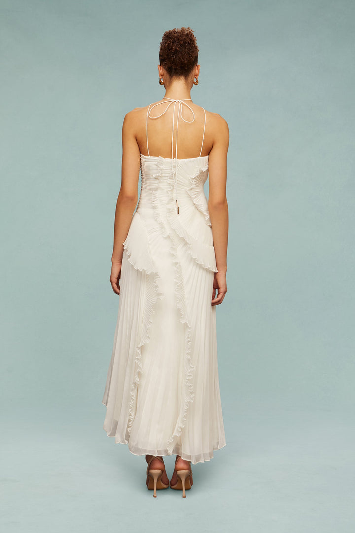 Damen Halterneck Maxikleid mit Falten Rüschen asymmetrischem Schnitt | Maxi