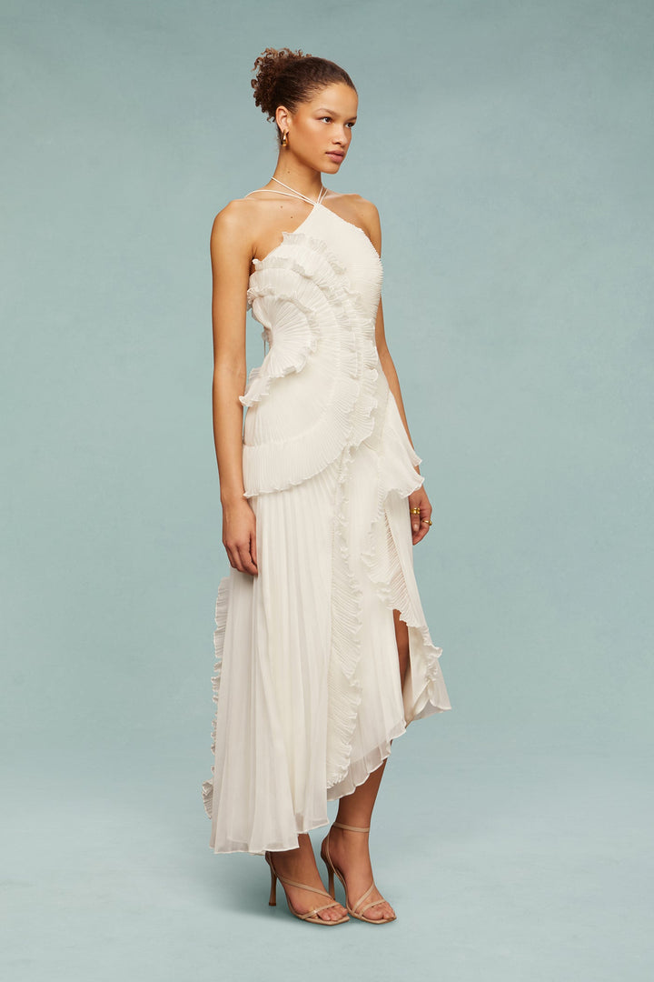 Damen Halterneck Maxikleid mit Falten Rüschen asymmetrischem Schnitt | Maxi