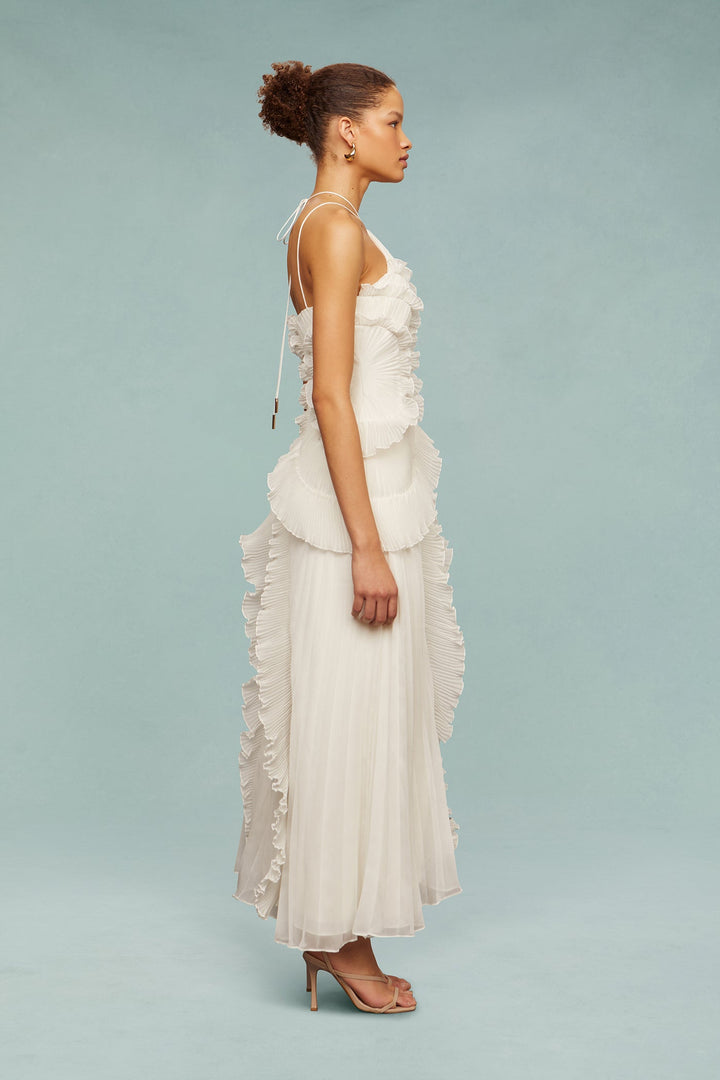 Damen Halterneck Maxikleid mit Falten Rüschen asymmetrischem Schnitt | Maxi