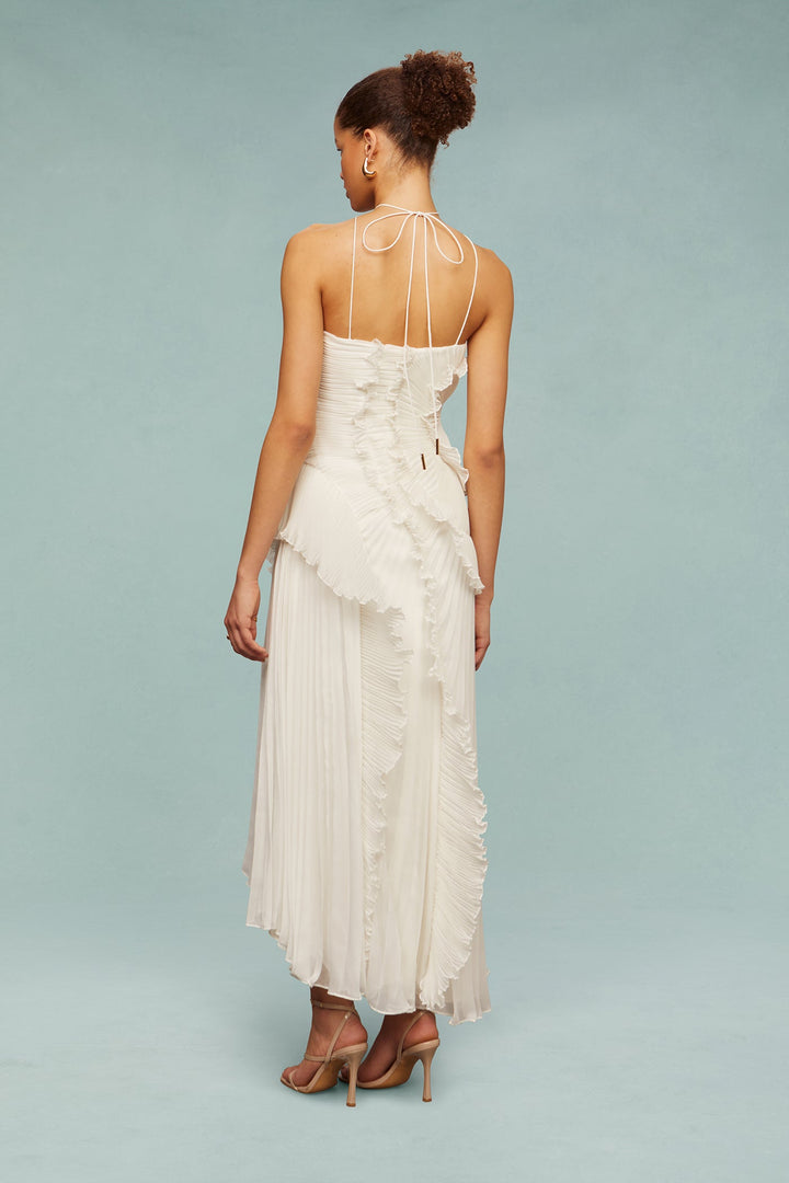Damen Halterneck Maxikleid mit Falten Rüschen asymmetrischem Schnitt | Maxi