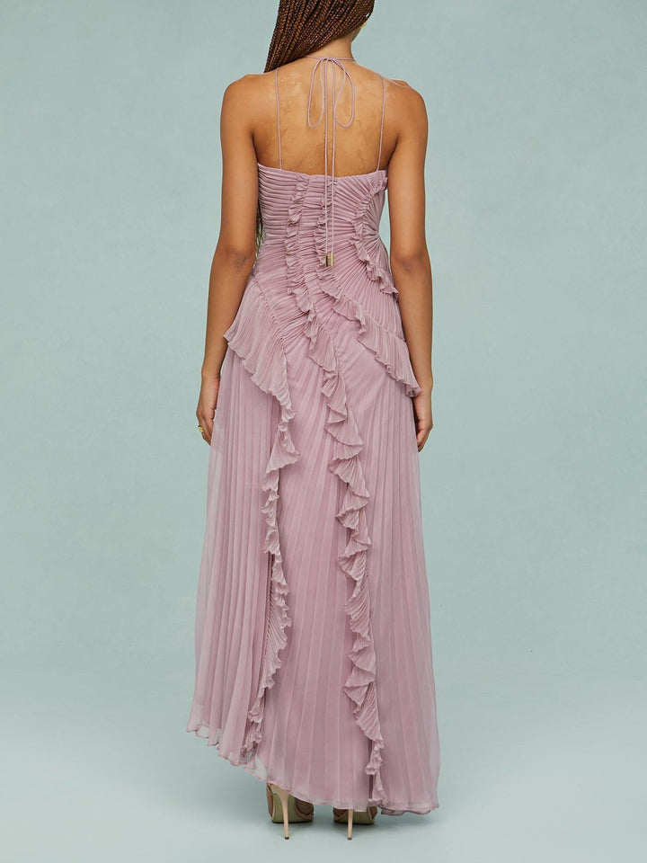 Damen Halterneck Maxikleid mit Falten Rüschen asymmetrischem Schnitt | Maxi