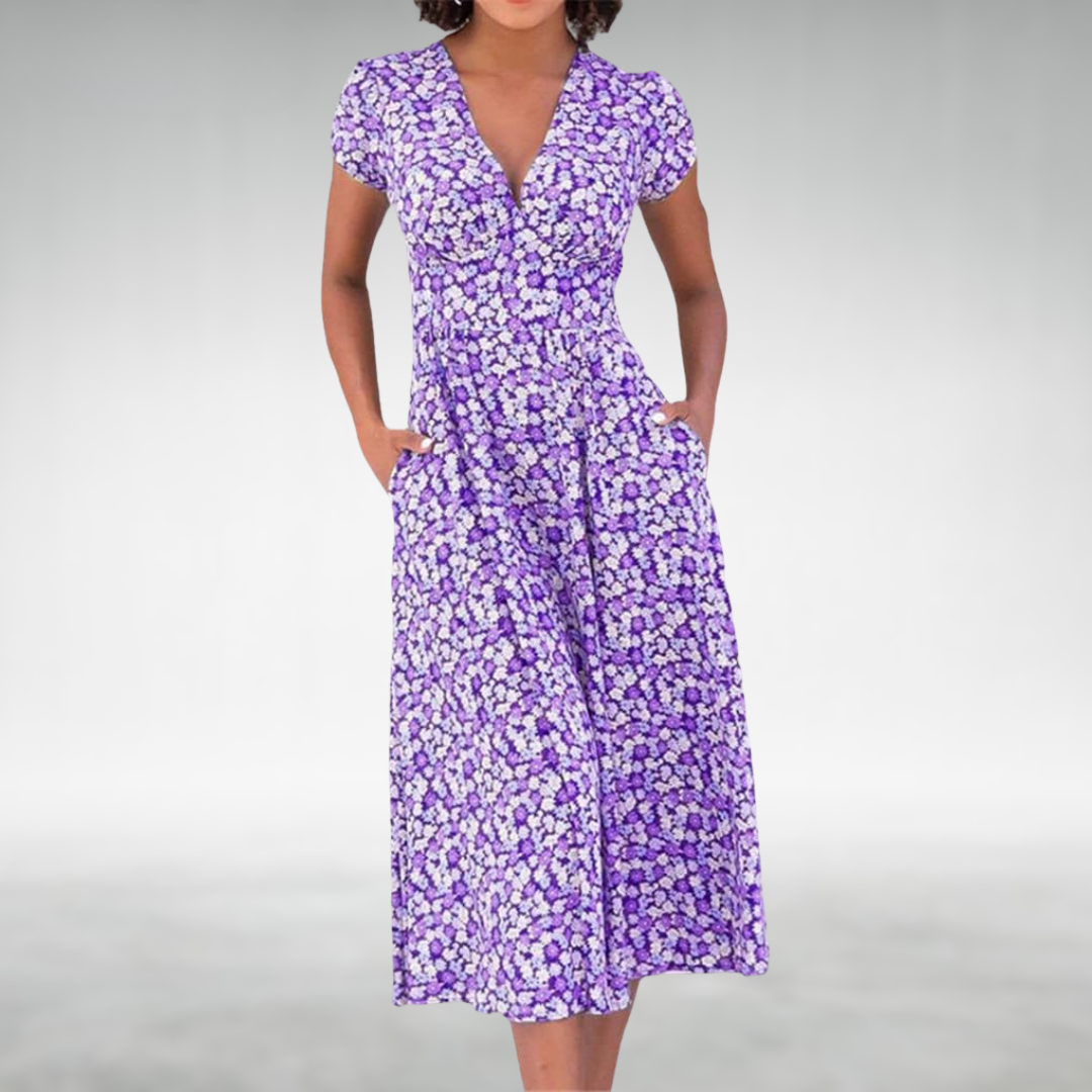 Abito midi da donna | Design floreale e scollo a V | Stile femminile per tutti i giorni