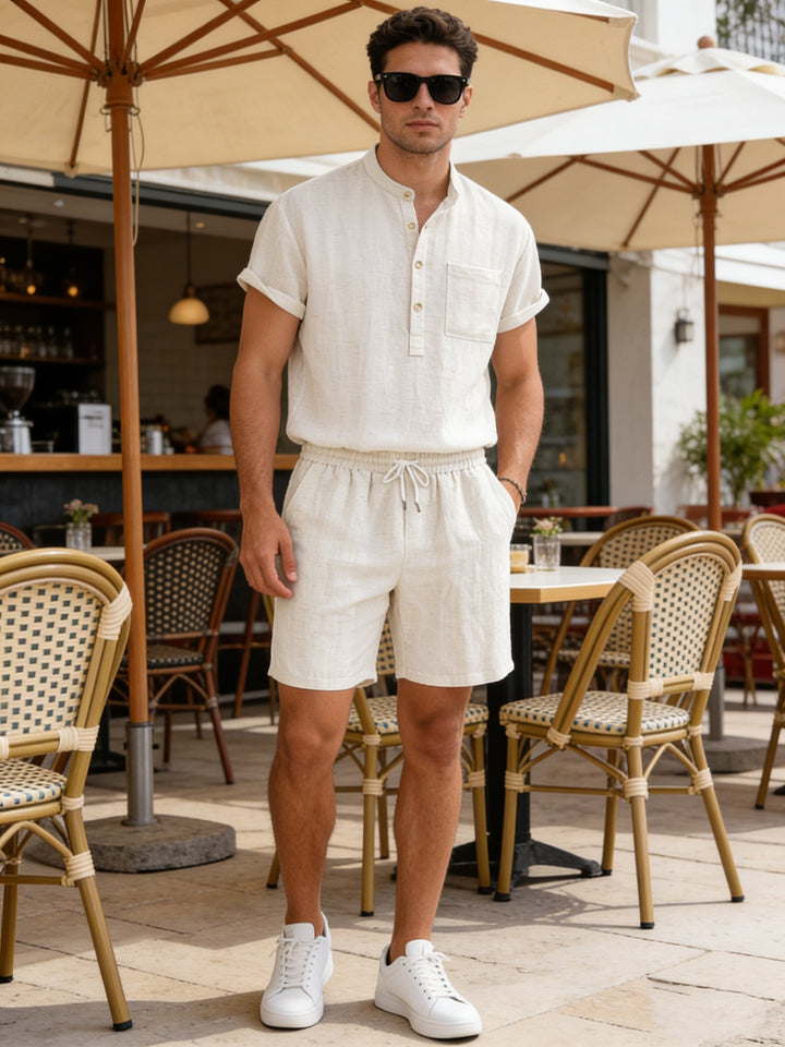 Herren Sommer Set | Relaxed Fit Zweiteiler | Kurzarm Henley Shirt und Shorts | Lässiger Freizeitstil