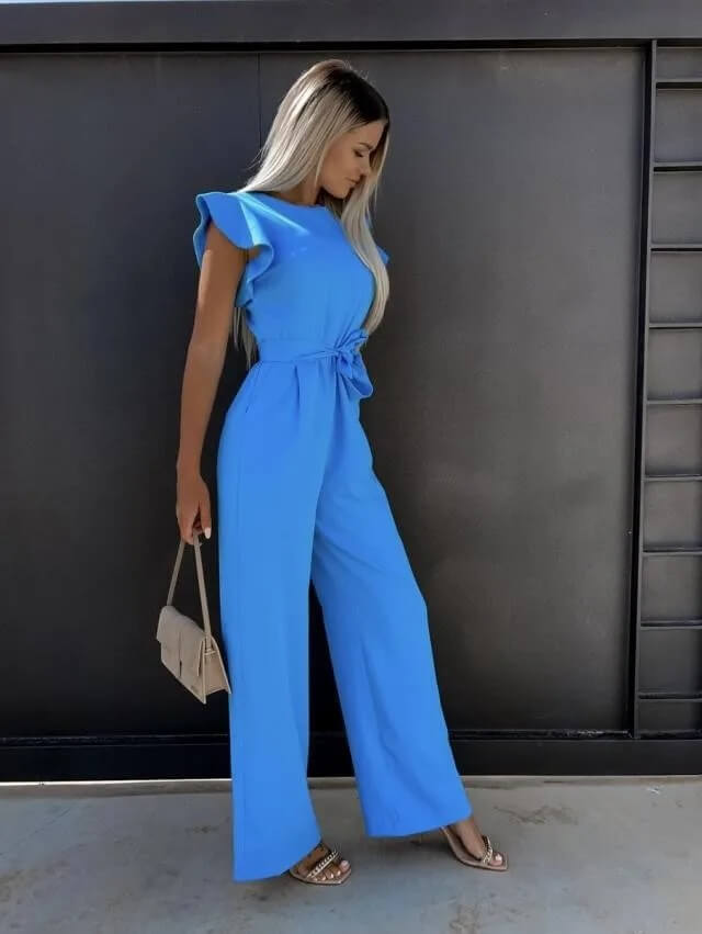 Damen Jumpsuit mit eckigem Ausschnitt Spitzendetails und ausgestelltem Bein | Langarm
