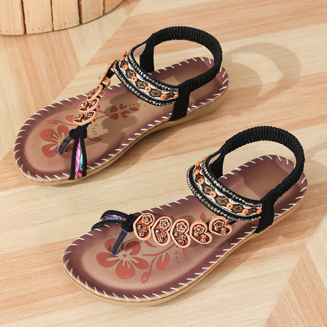 Damen Boho Sandalen Perlen Riemen Offene Zehen Flache Sandalen | Zehenring