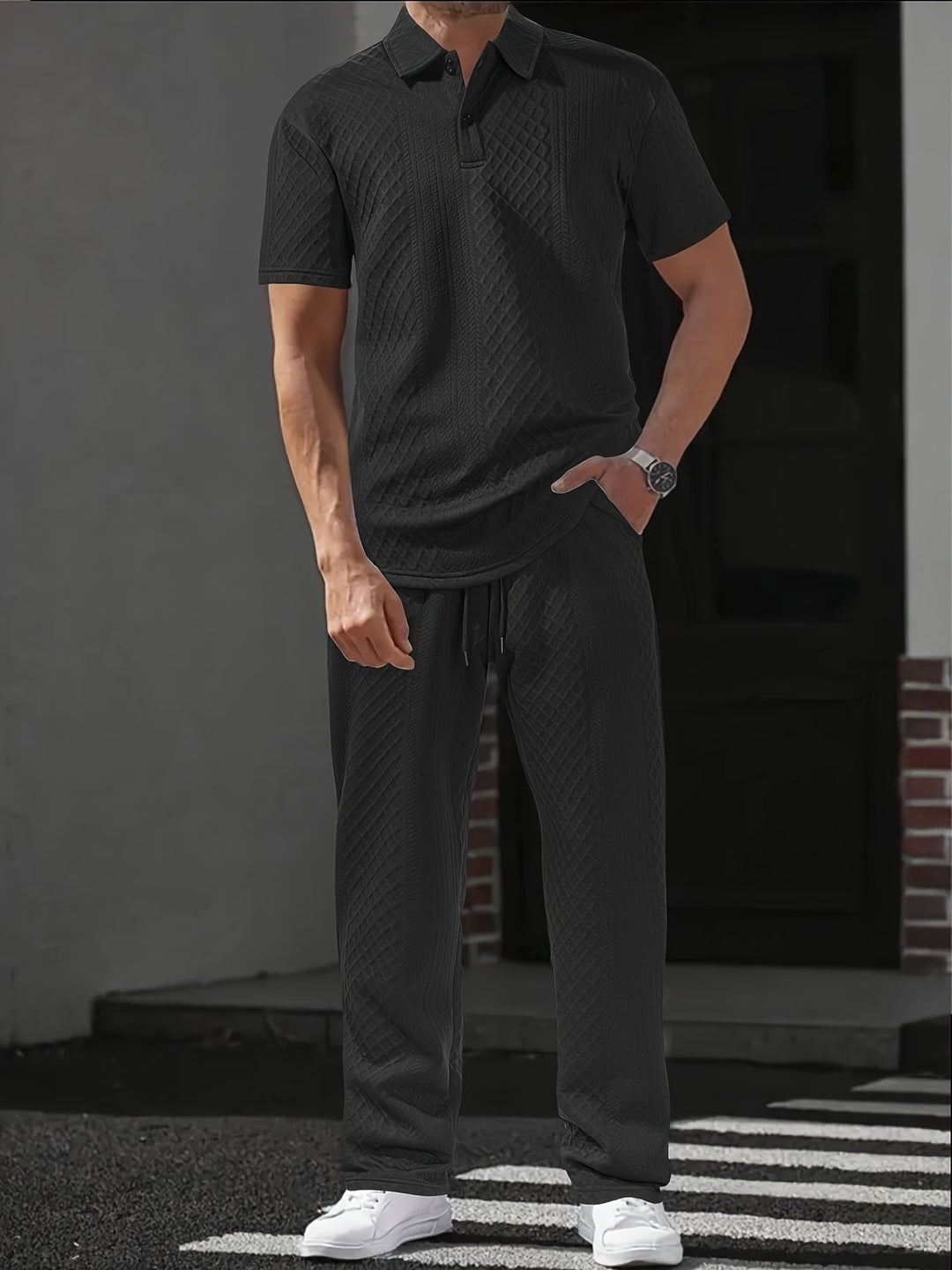 Herren Set | Relaxed Fit Polo-Shirt und Hosen-Set | Kordelzugbund | Smart Casual Stil