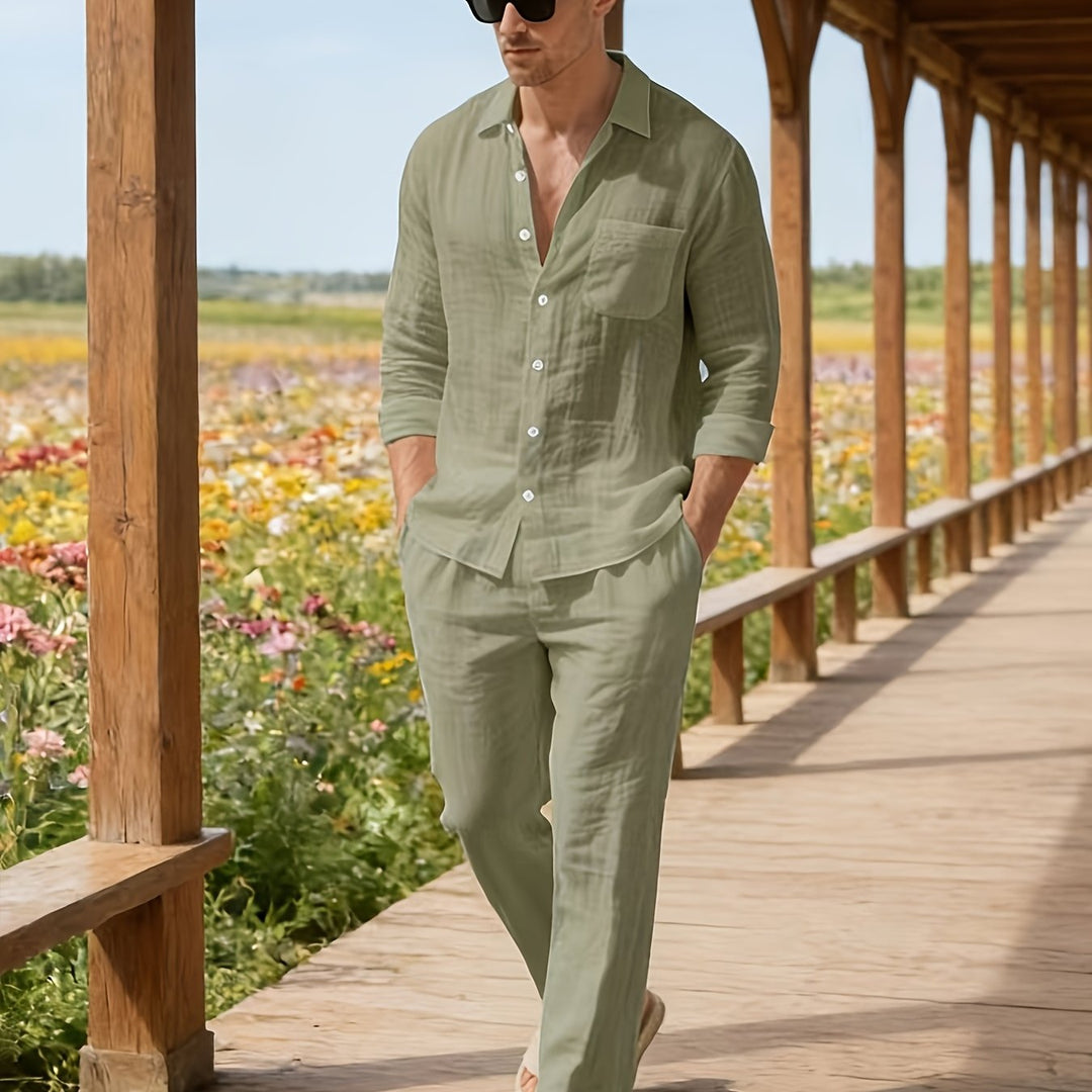 Herren Zweiteiler | Langarmhemd mit Kordelzughose | Bequeme Passform | Resort-Look