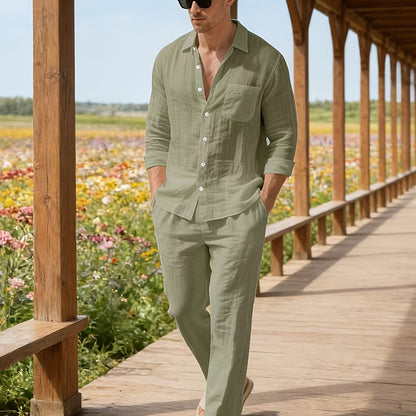 Completo uomo | Camicia a maniche lunghe con pantaloni a coulisse | Vestibilità comoda | Look da resort