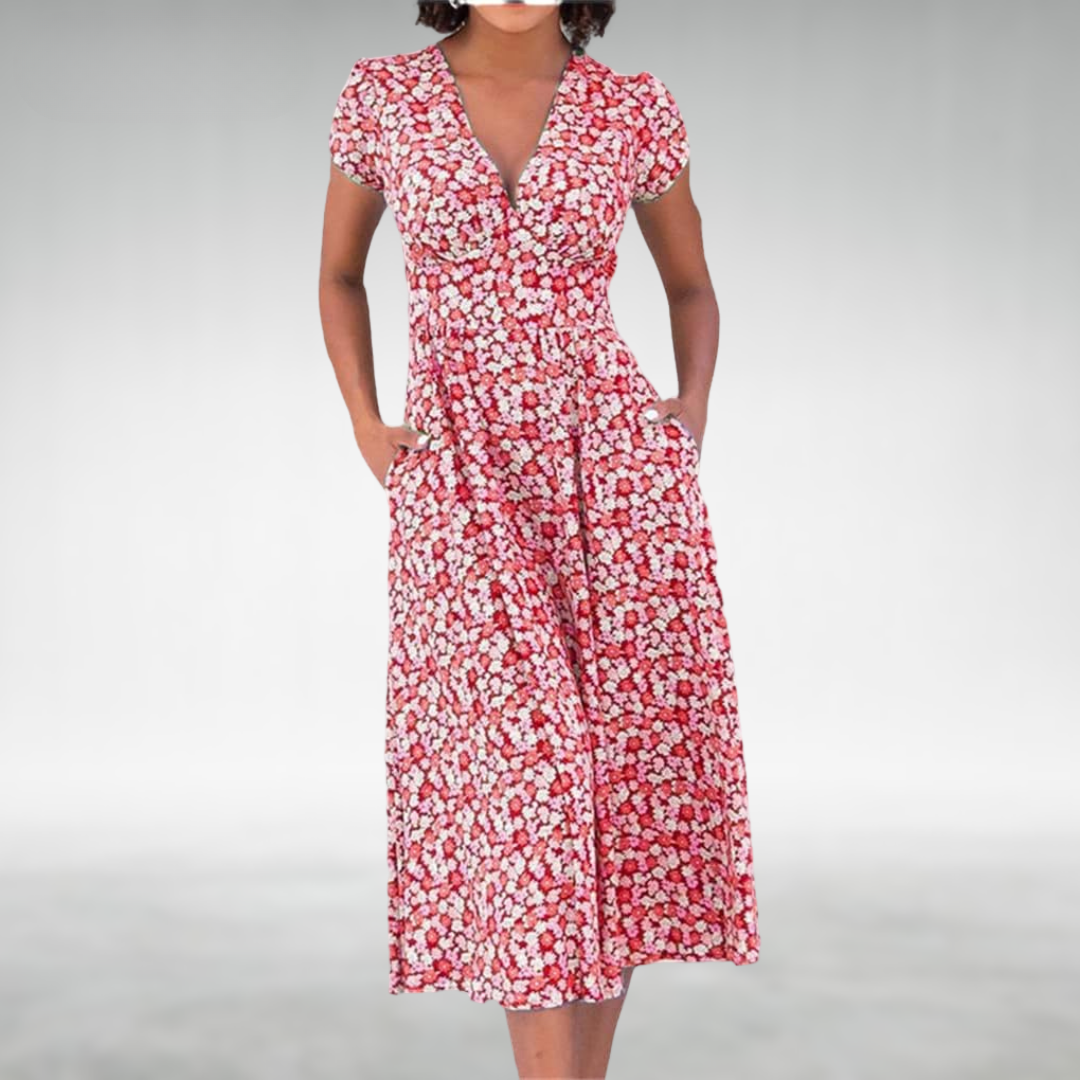 Abito midi da donna | Design floreale e scollo a V | Stile femminile per tutti i giorni