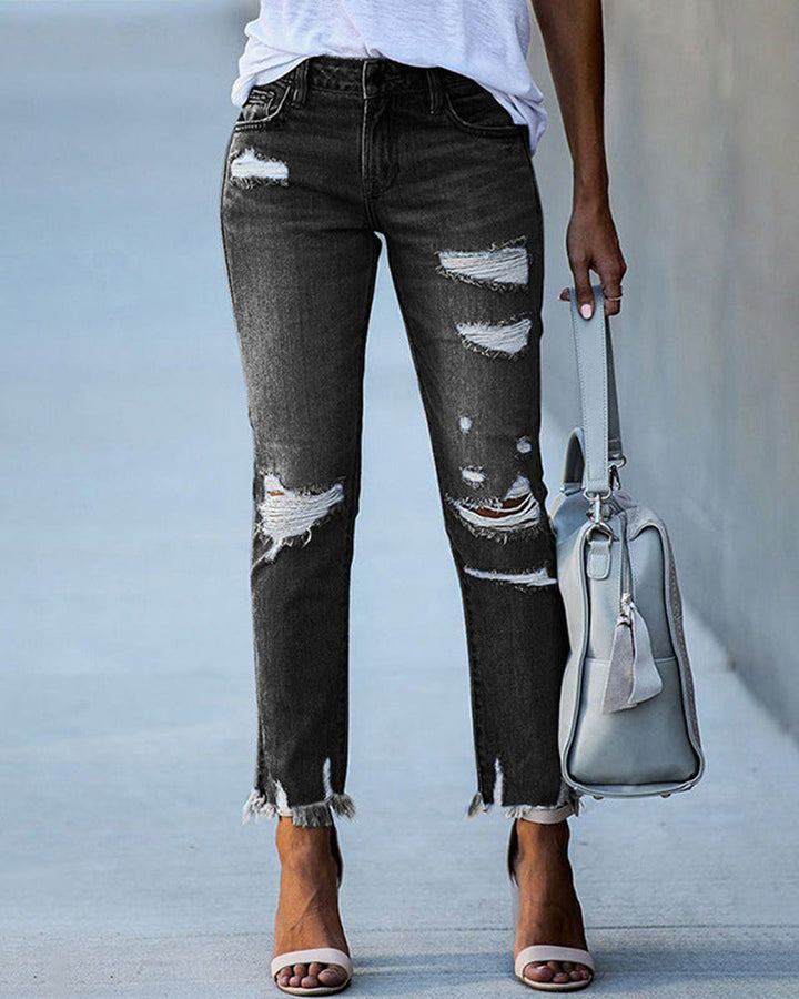 Damen Gerade Passform Hose mit Mittlerem Bund | Riss Design