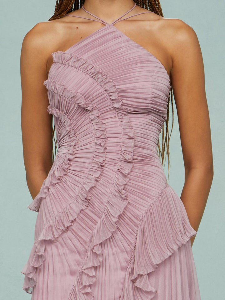 Damen Halterneck Maxikleid mit Falten Rüschen asymmetrischem Schnitt | Maxi