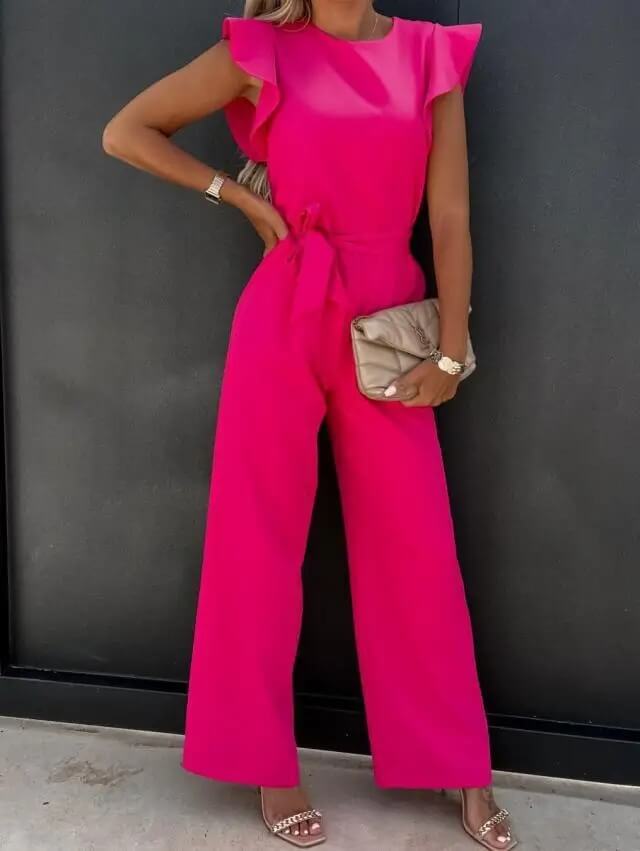 Damen Jumpsuit mit eckigem Ausschnitt Spitzendetails und ausgestelltem Bein | Langarm