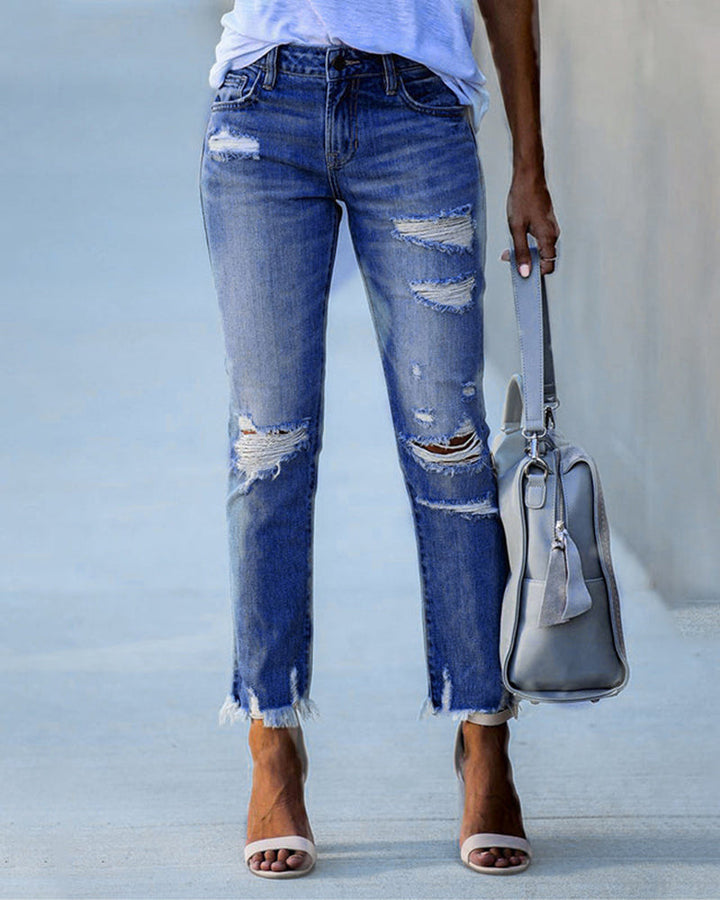 Damen Gerade Passform Hose mit Mittlerem Bund | Riss Design