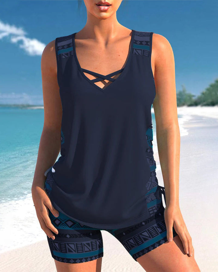 Women's Tankini Set Sleeveless Cross Detail Neckline Shorts Set | Sport
