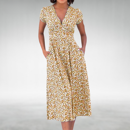 Abito midi da donna | Design floreale e scollo a V | Stile femminile per tutti i giorni