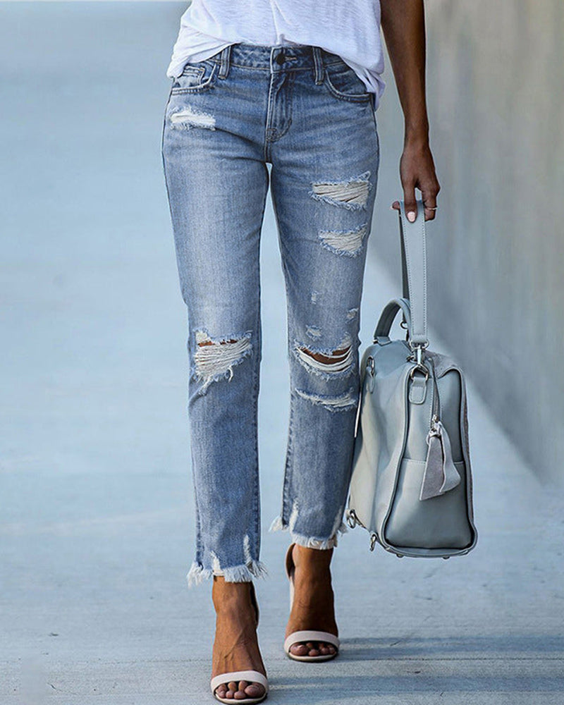 Damen Gerade Passform Hose mit Mittlerem Bund | Riss Design