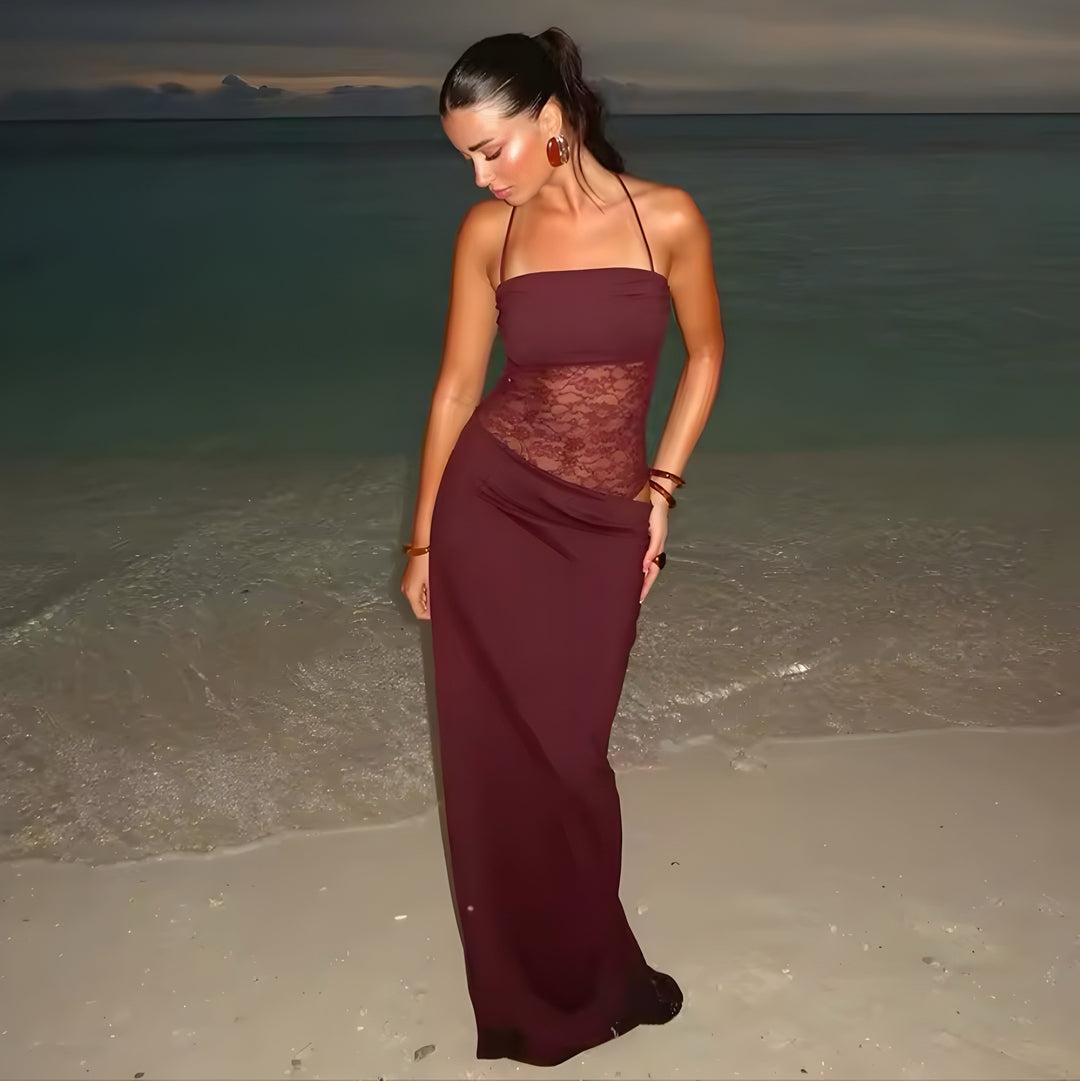 Damen Trägerloses Spitzen Einsatz Maxi Kleid | Figurbetontes Strand Abendkleid