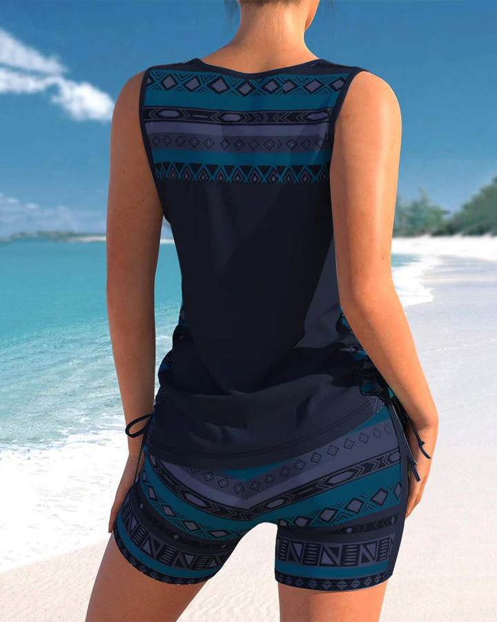 Women's Tankini Set Sleeveless Cross Detail Neckline Shorts Set | Sport