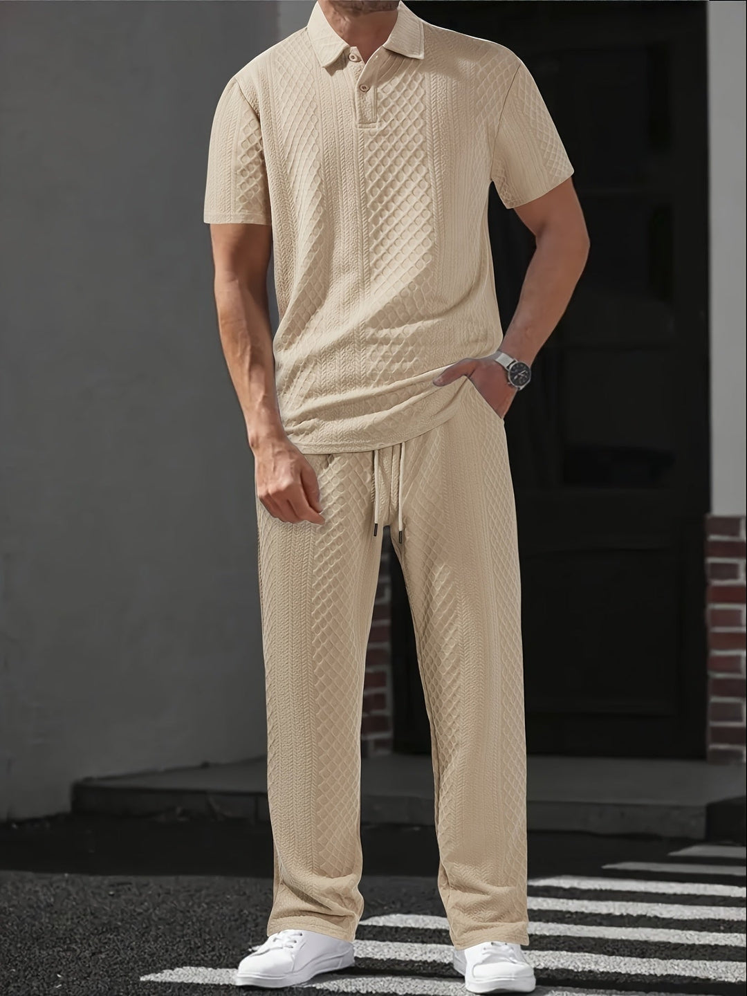 Herren Set | Relaxed Fit Polo-Shirt und Hosen-Set | Kordelzugbund | Smart Casual Stil