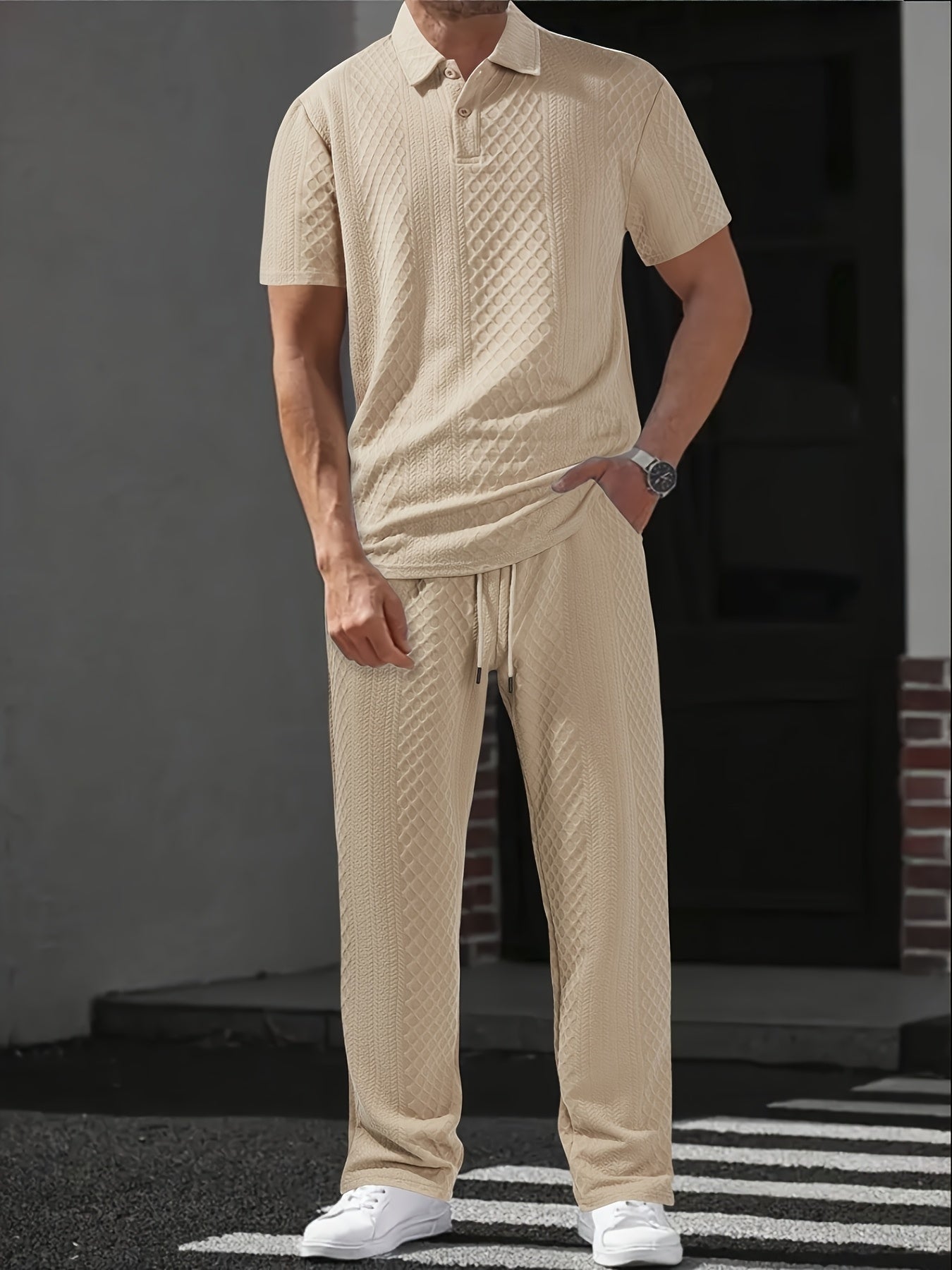 Herren Set | Relaxed Fit Polo-Shirt und Hosen-Set | Kordelzugbund | Smart Casual Stil
