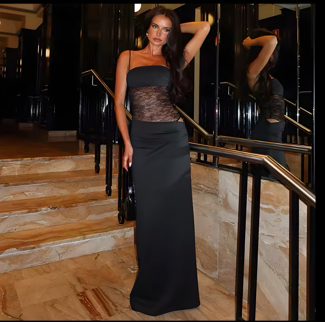 Damen Trägerloses Spitzen Einsatz Maxi Kleid | Figurbetontes Strand Abendkleid