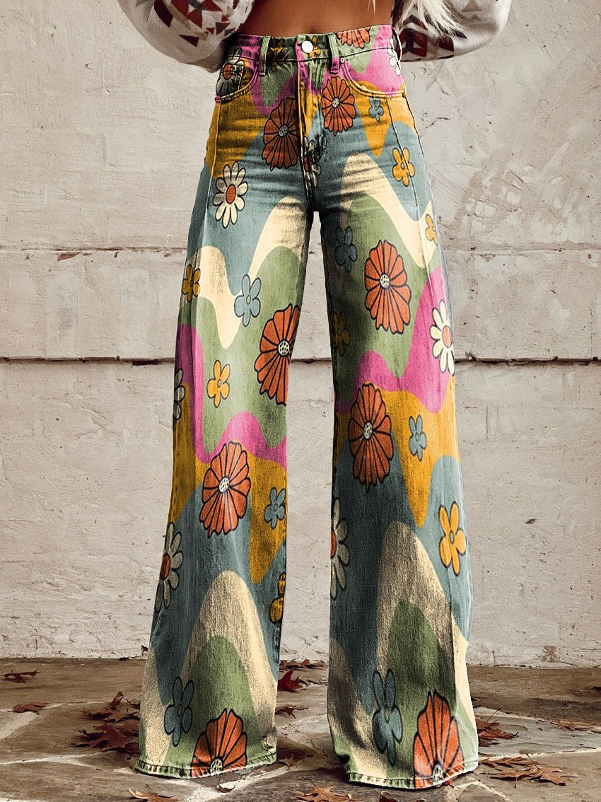 Damen Weite Passform Hose mit Knopfverschluss | Gemustertes Ausgestelltes Bein