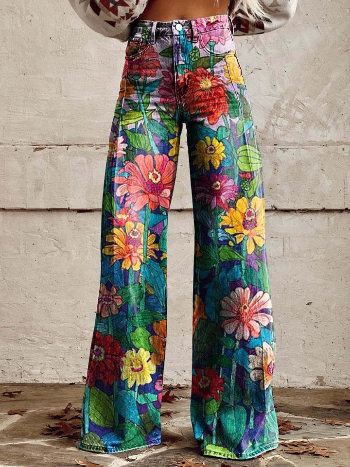 Damen Weite Passform Hose mit Knopfverschluss | Gemustertes Ausgestelltes Bein