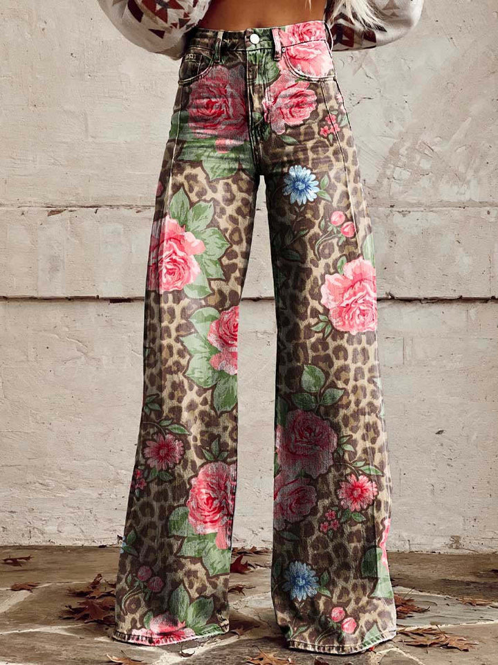 Damen Weite Passform Hose mit Knopfverschluss | Gemustertes Ausgestelltes Bein