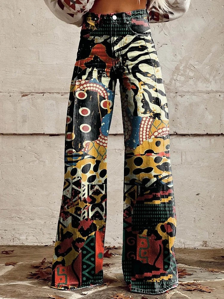 Damen Weite Passform Hose mit Knopfverschluss | Gemustertes Ausgestelltes Bein