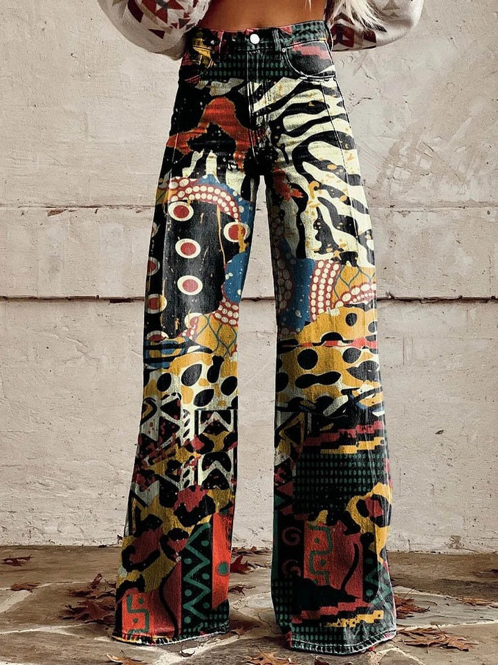 Damen Weite Passform Hose mit Knopfverschluss | Gemustertes Ausgestelltes Bein