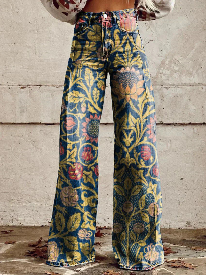 Damen Weite Passform Hose mit Knopfverschluss | Gemustertes Ausgestelltes Bein