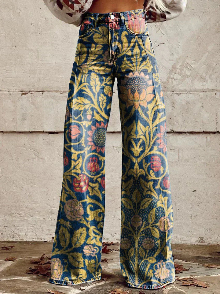 Damen Weite Passform Hose mit Knopfverschluss | Gemustertes Ausgestelltes Bein