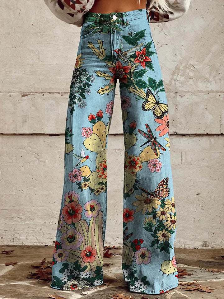 Damen Weite Passform Hose mit Knopfverschluss | Gemustertes Ausgestelltes Bein