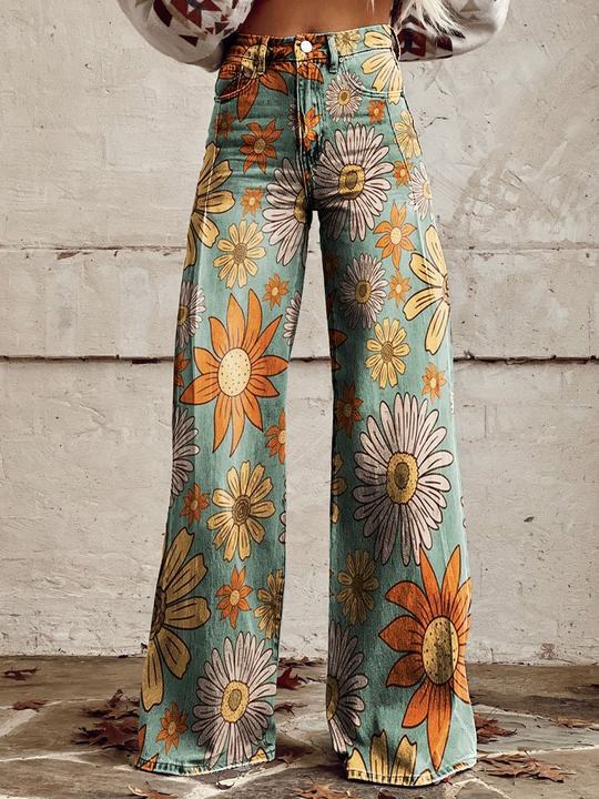 Damen Weite Passform Hose mit Knopfverschluss | Gemustertes Ausgestelltes Bein
